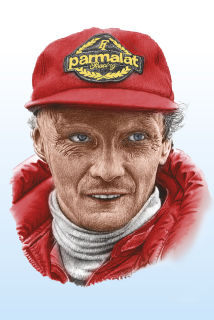 Niki Lauda - reprodukce kresby, kolorovaná